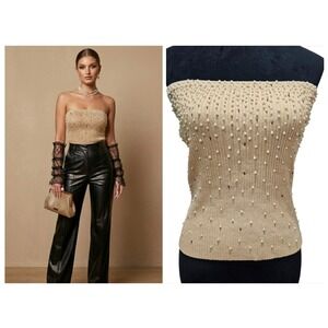 Vintage Cache Tube‎ Top Womens Large Gold Pearl Beaded Ribbed Y2K Mermaidcore